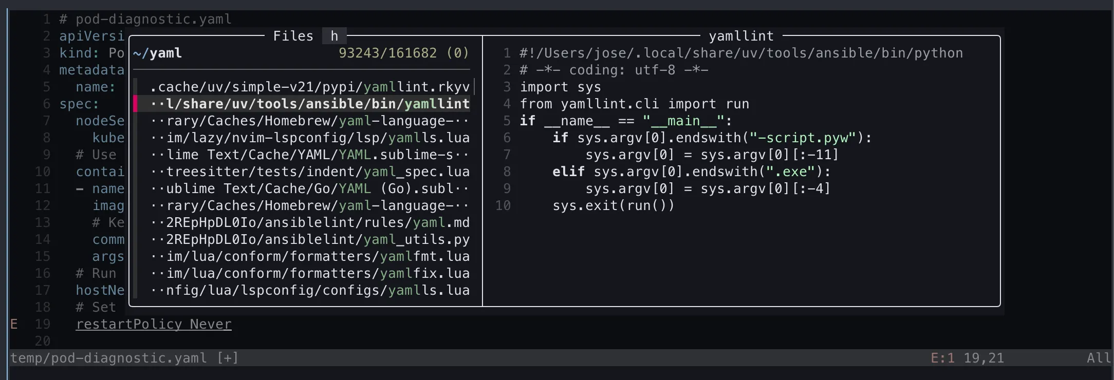 Neovim showing a YAML file with LSP diagnostics and FZF search open
